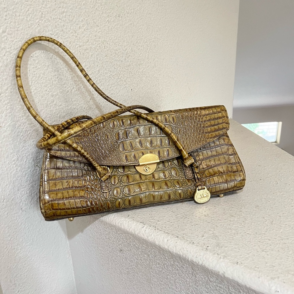 Brahmin Rosalie Satchel Slide Lock Flap Closure Gold Embossed Leather small Bag